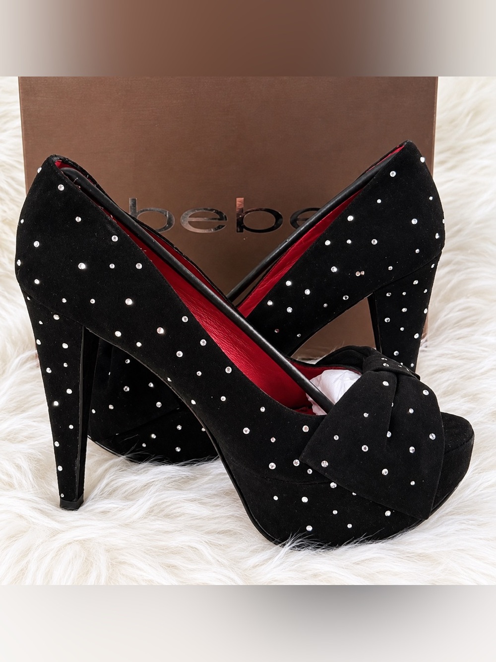 Tara Subkoff X Bebe Collab Swarovski Crystal & Bow Platform Peep Toe Stilettos